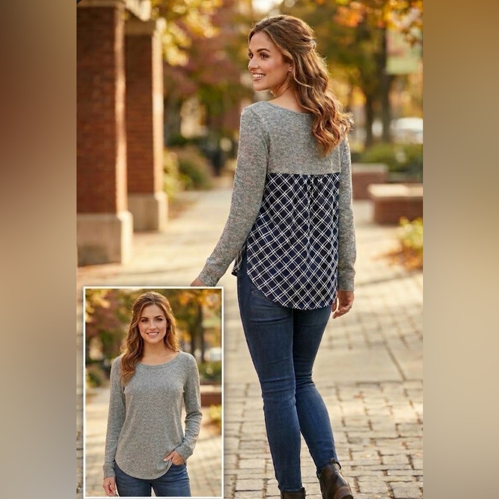 Hail3y:23 taupe sweater with navy plaid back, Small